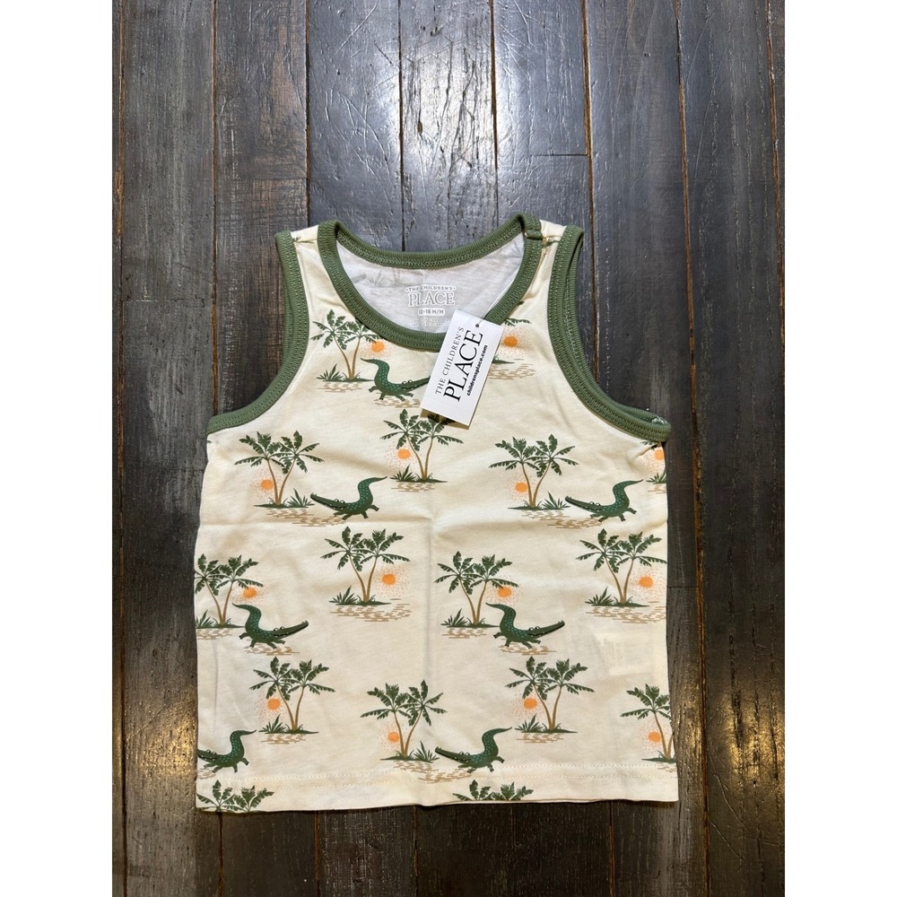 The Childrens Place Boys Tank‎ Top Alligator Palm Tree Tropical Cream  12-18M